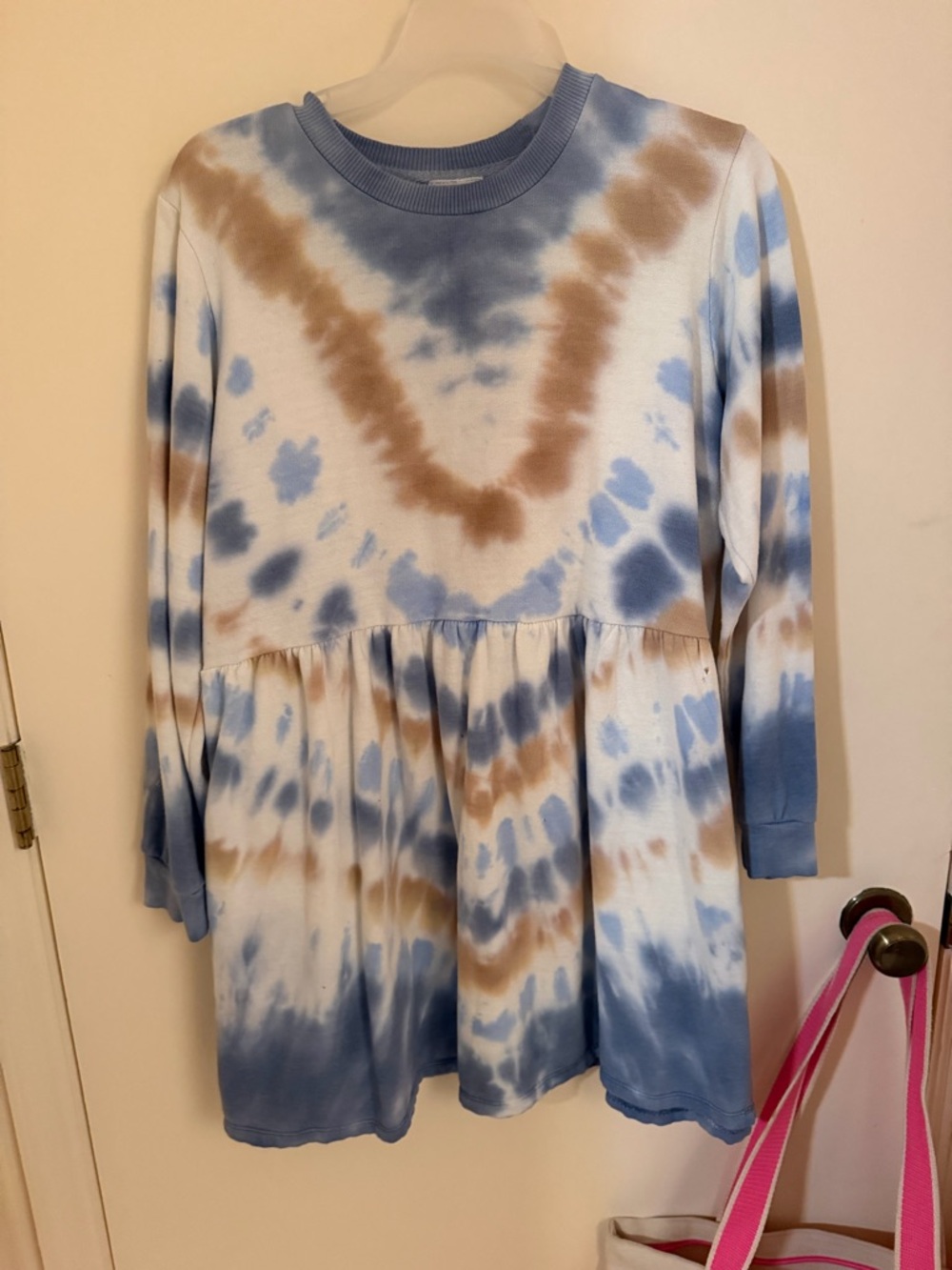 Tie-Dye Babydoll Long Sleeve Tunic - Blue & Tan